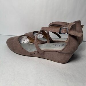 Taupe Suede Mary Jane Flats | Crisscross Straps + Low Wedge | Women’s 9